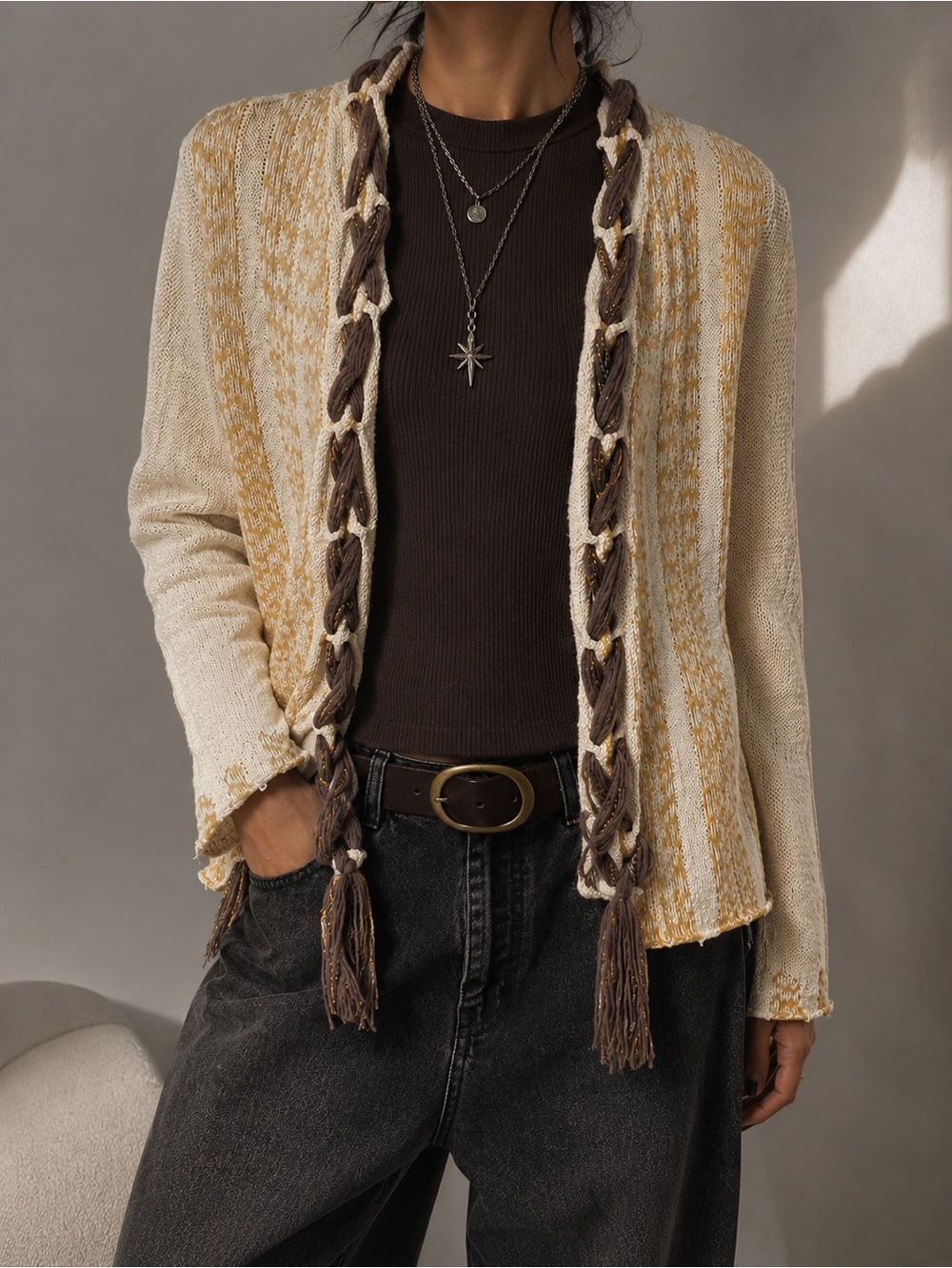 BKE Cream, Brown & Gold Braided-Trim Open Cardigan Womens Medium
